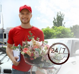 24/7 service. Delivery man with beautiful flower bouquet near car outdoors. Illustration of clock