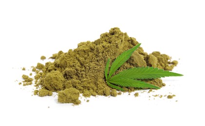 Photo of Pile of hemp protein powder and fresh leaf on white background