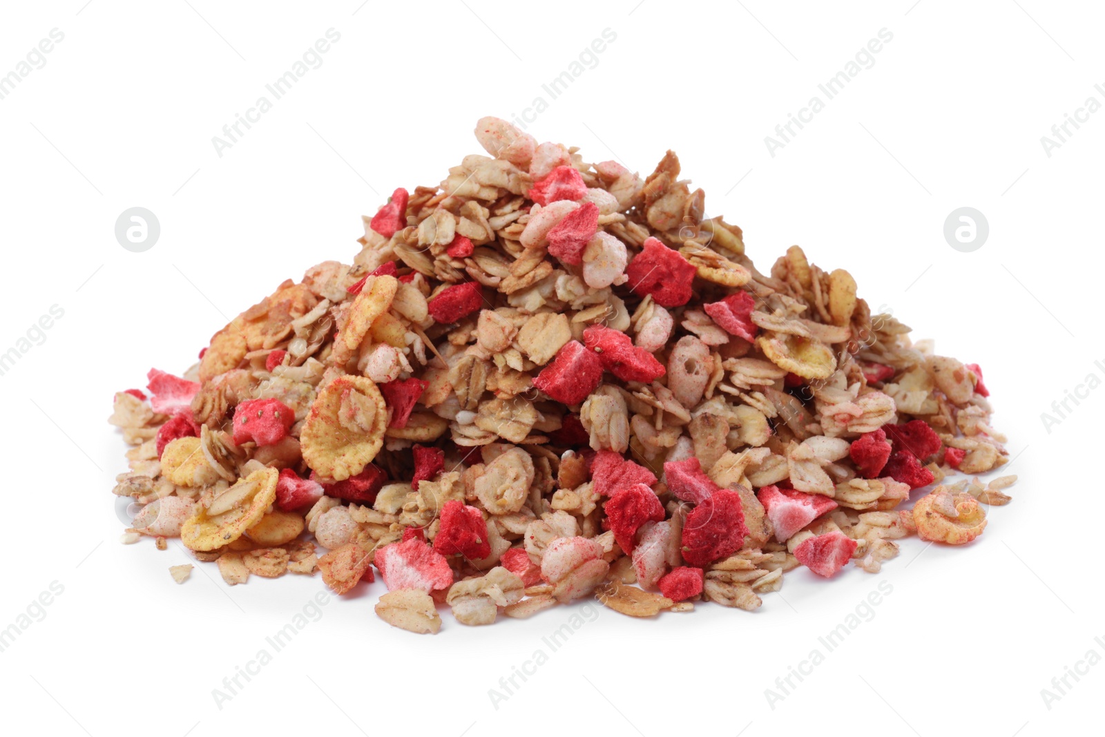 Photo of Pile of granola on white background. Healthy snack