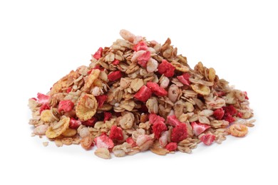 Photo of Pile of granola on white background. Healthy snack