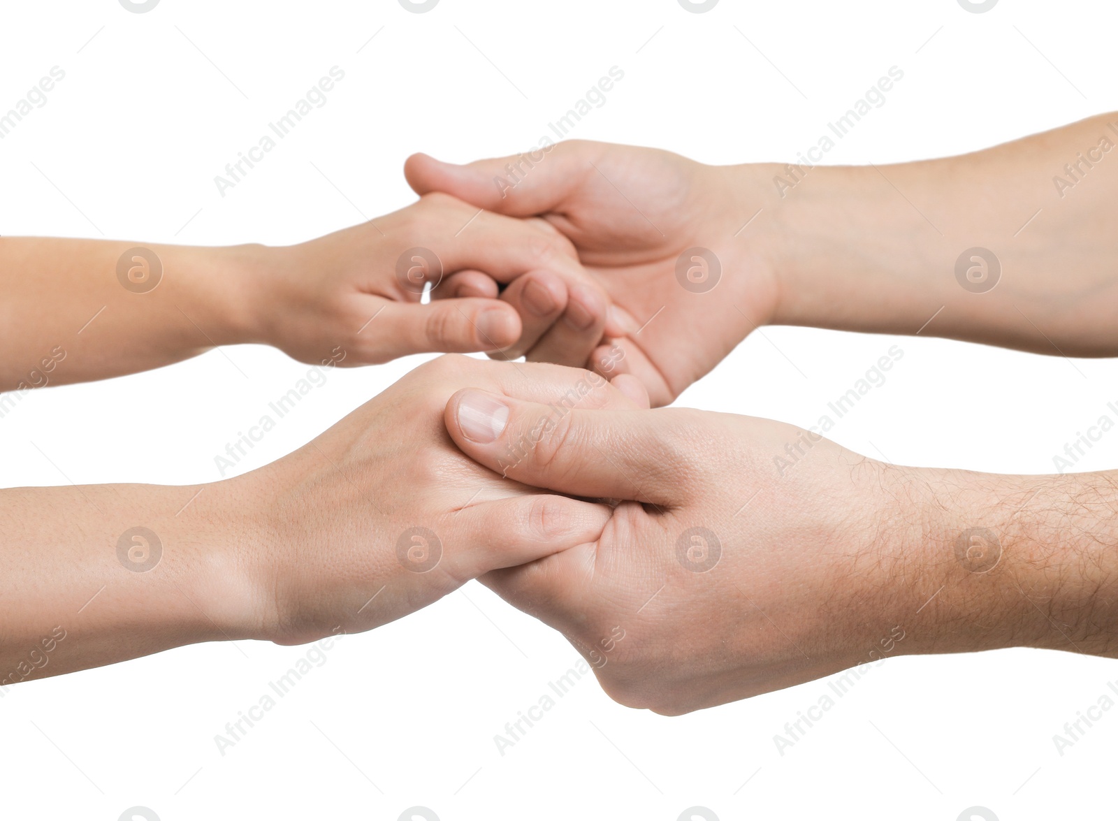 Photo of Man and woman holding hands together on white background, closeup