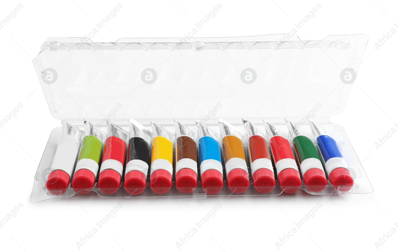 Photo of Box with colorful paints on white background. Artistic equipment for children