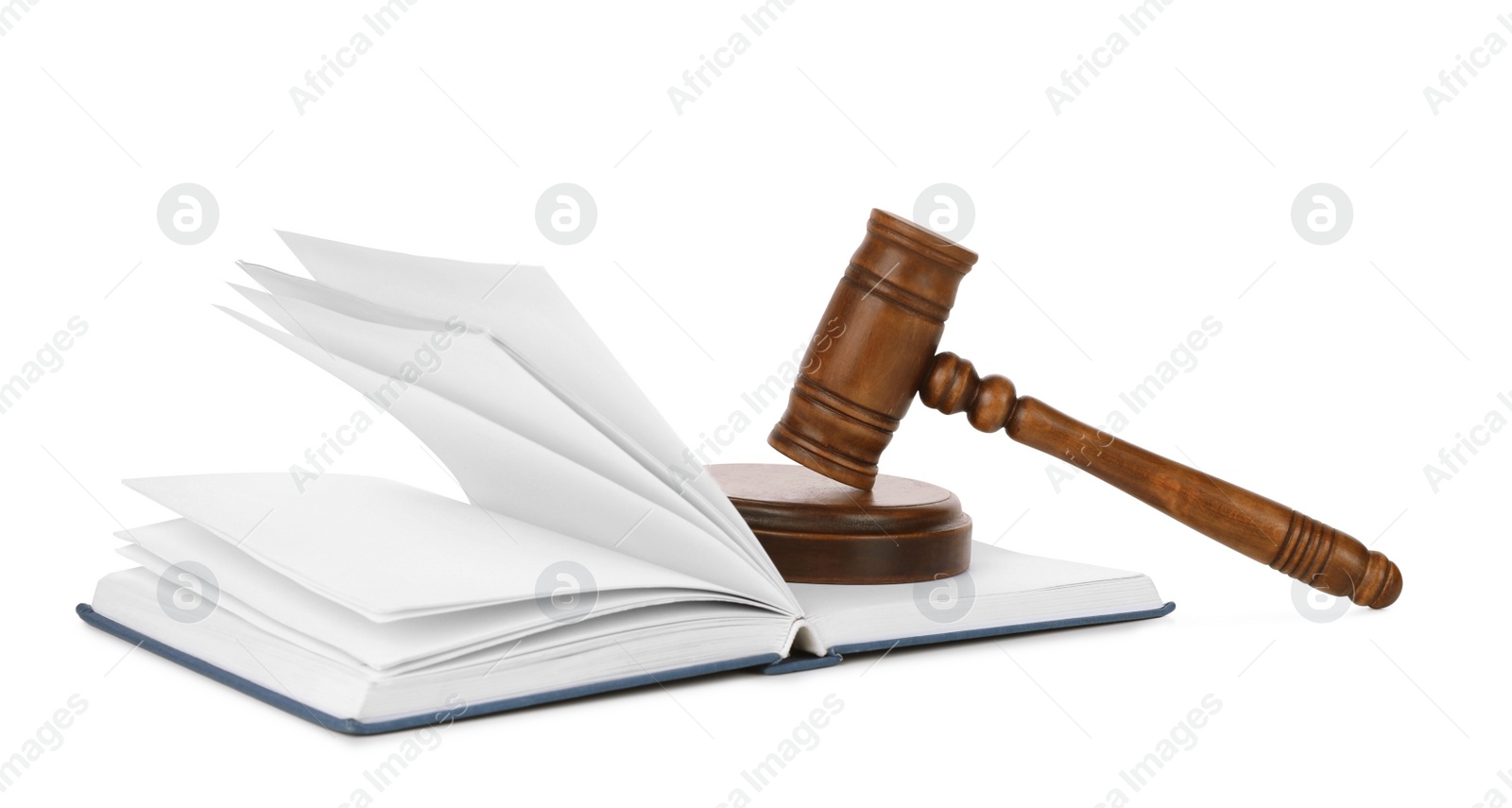 Photo of Wooden gavel and open book on white background