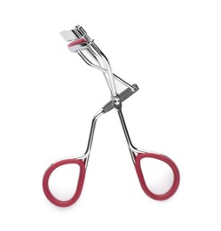 Photo of Eyelash curler isolated on white, top view. Makeup tool