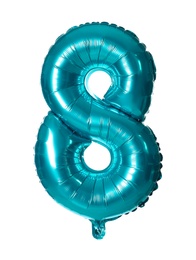 Photo of Blue number eight balloon on white background