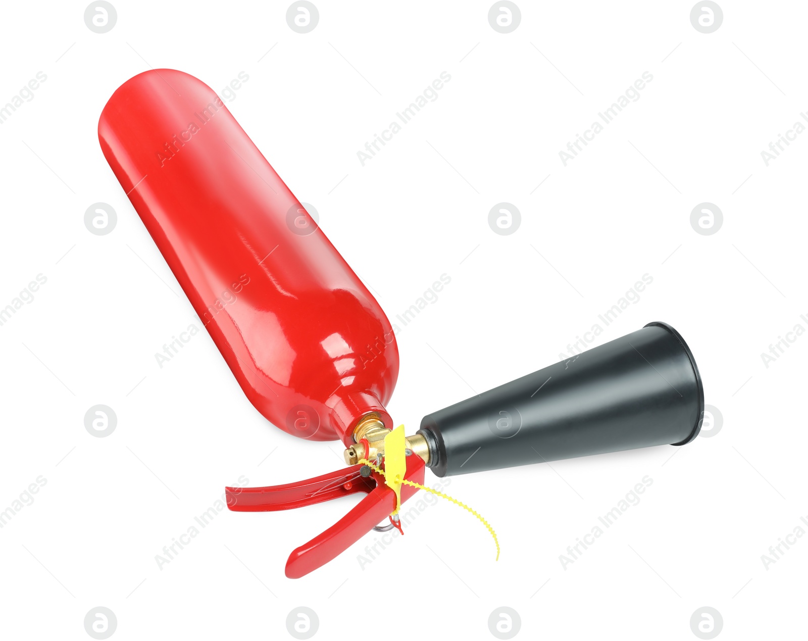 Photo of One red fire extinguisher on white background