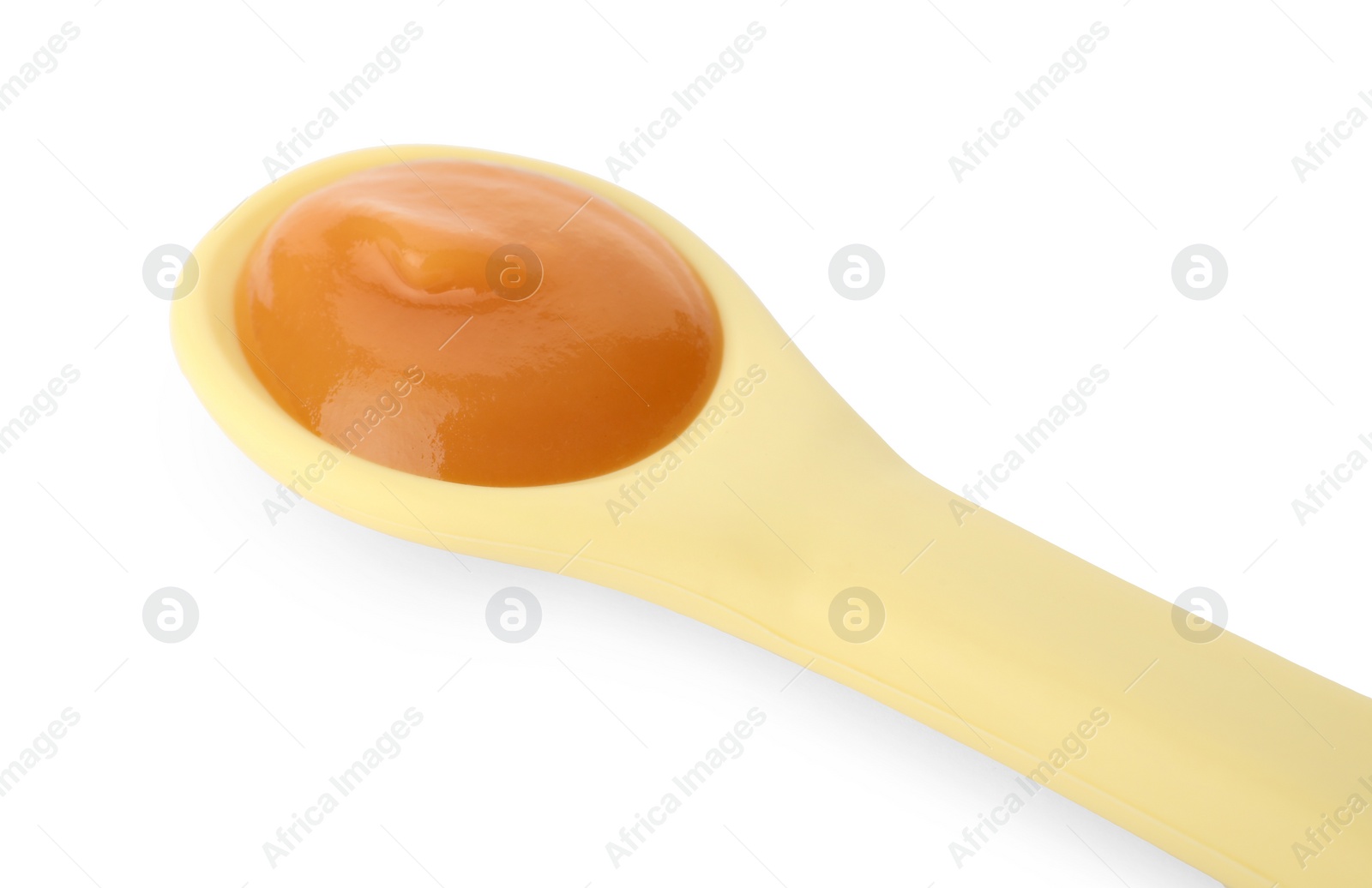 Photo of Healthy baby food in spoon isolated on white