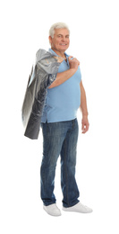 Senior man holding hanger with jacket in plastic bag on white background. Dry-cleaning service