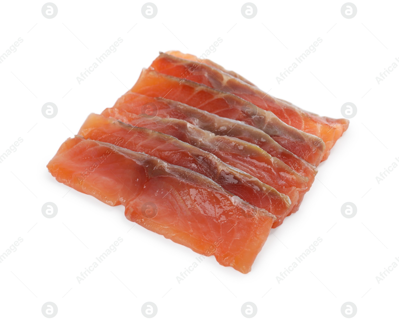 Photo of Tasty sashimi (slices of fresh raw salmon) isolated on white