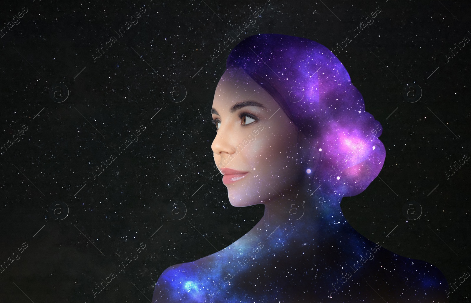 Image of Double exposure of beautiful woman and starry sky with galaxies. Astrology concept