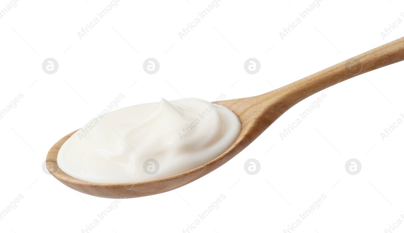 Photo of One wooden spoon with mayonnaise isolated on white