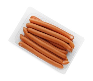 Plastic container with sausages isolated on white, top view. Meat product