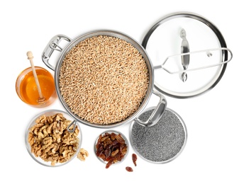Ingredients for traditional kutia on white background, top view