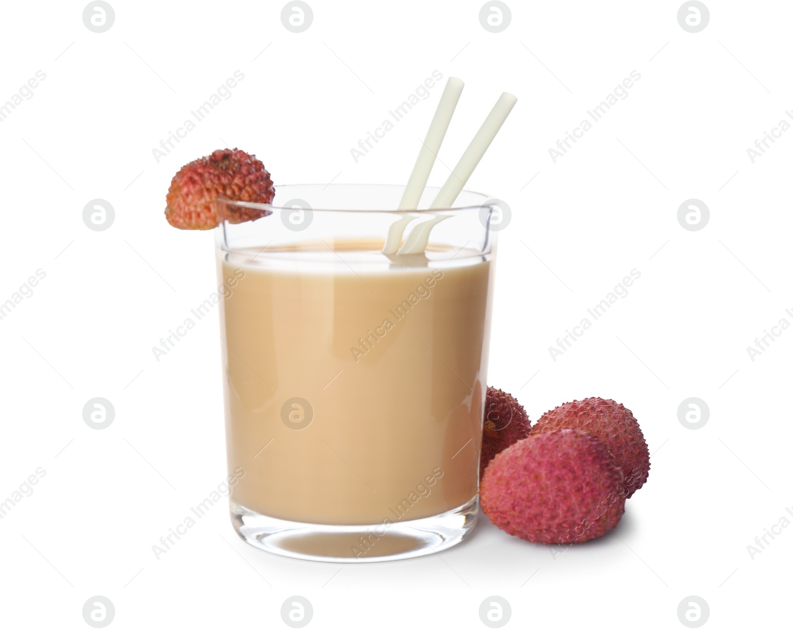 Photo of Lychee cocktail and fresh fruits on white background