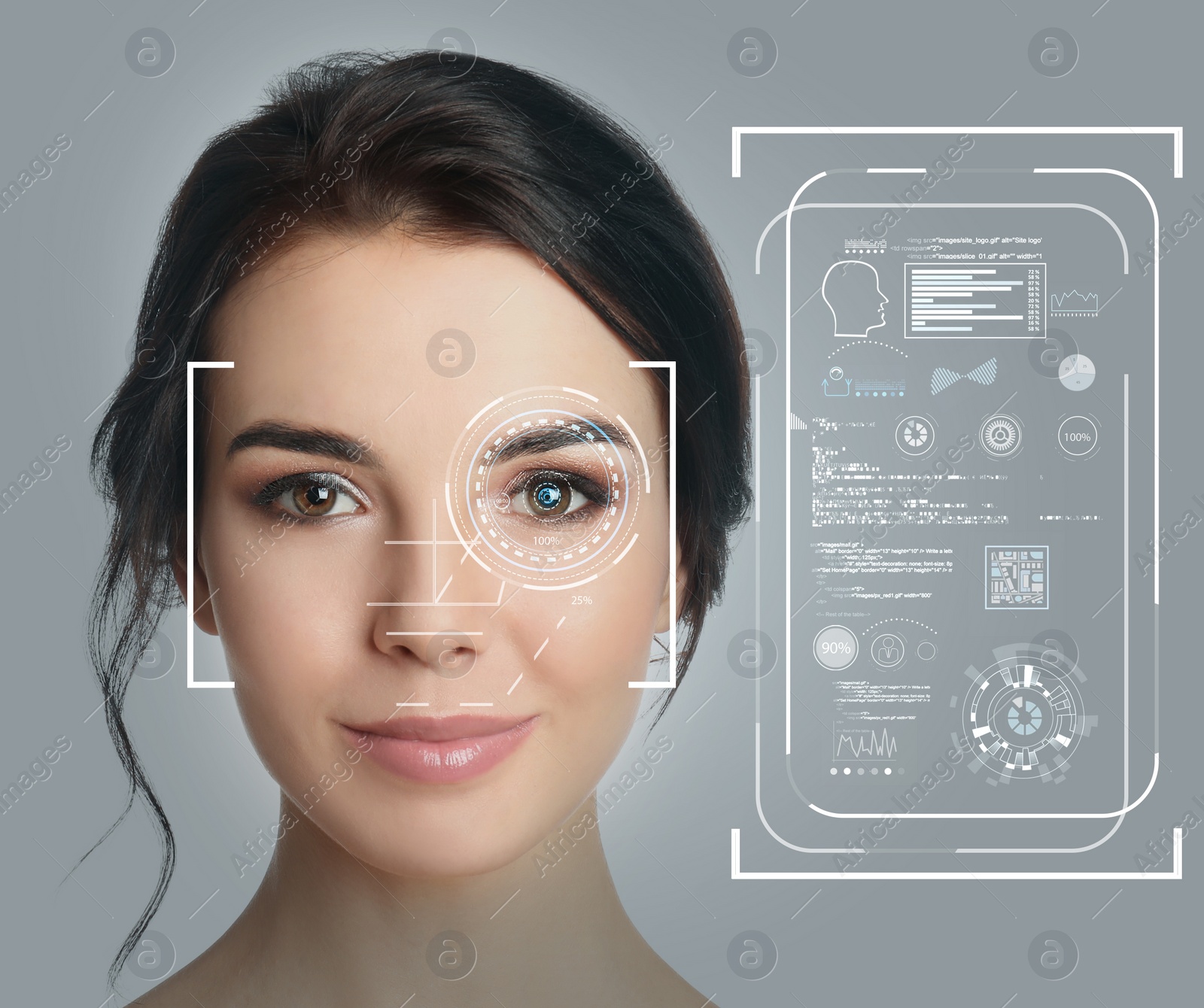 Image of Facial recognition system. Woman with scanner frame on face and information