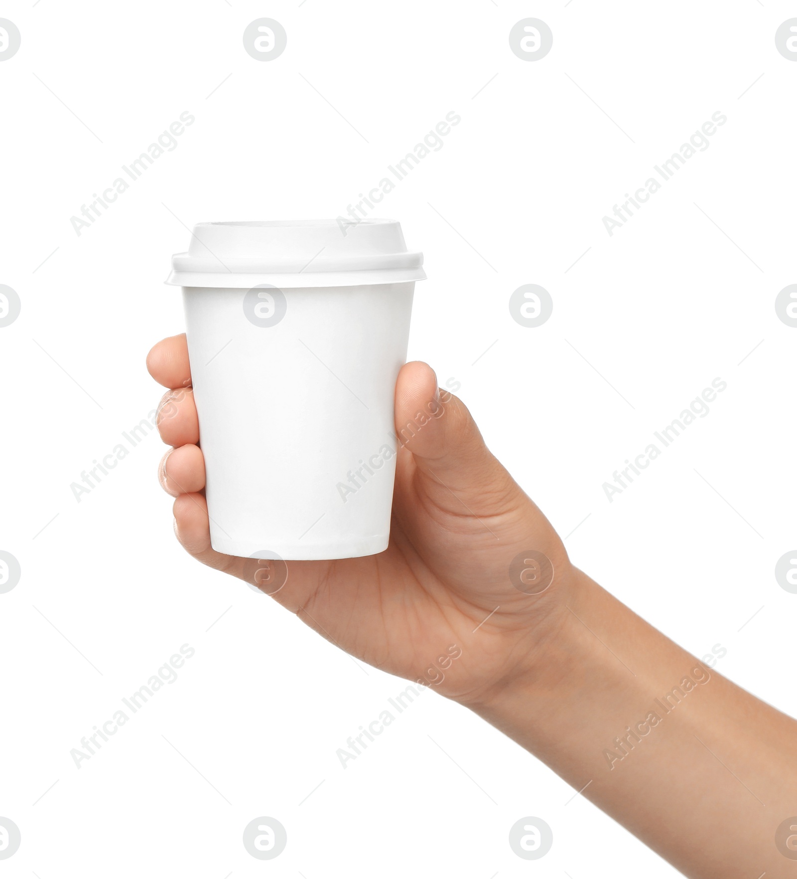 Photo of Woman holding paper coffee cup isolated on white