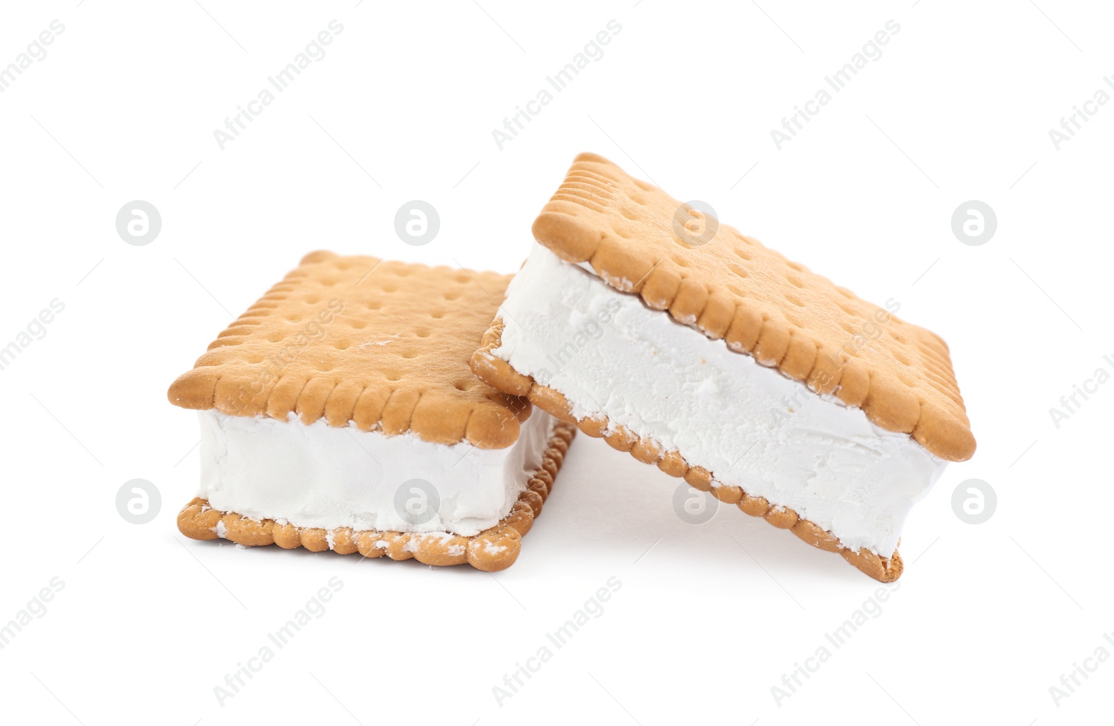 Photo of Sweet delicious ice cream cookie sandwiches isolated on white