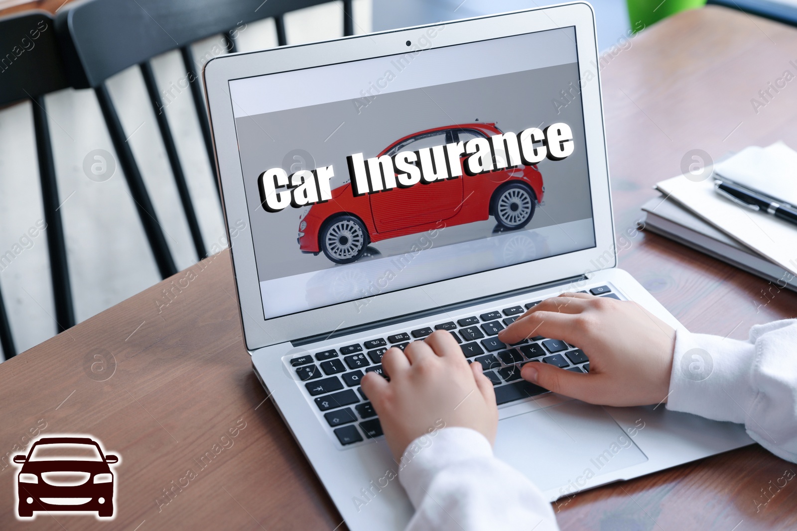 Image of Woman using laptop for car insurance at table indoors, closeup