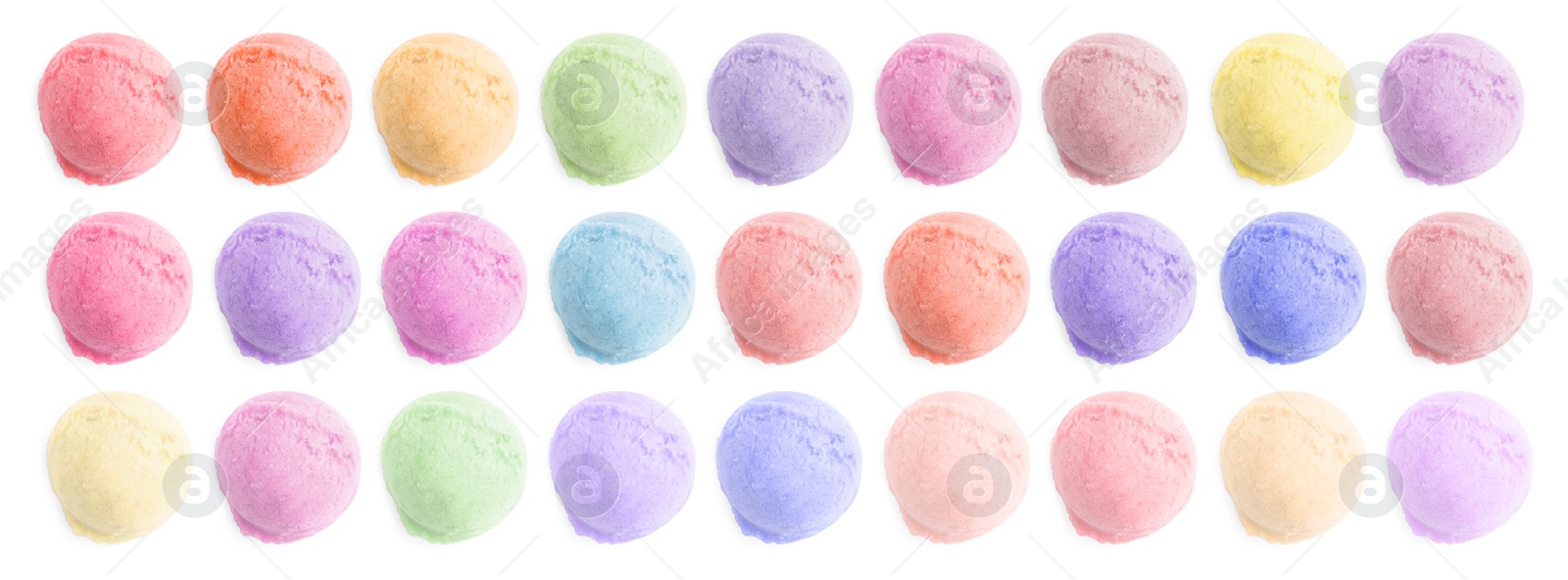 Image of Set of ice cream scoops of different colors and flavors isolated on white, top view