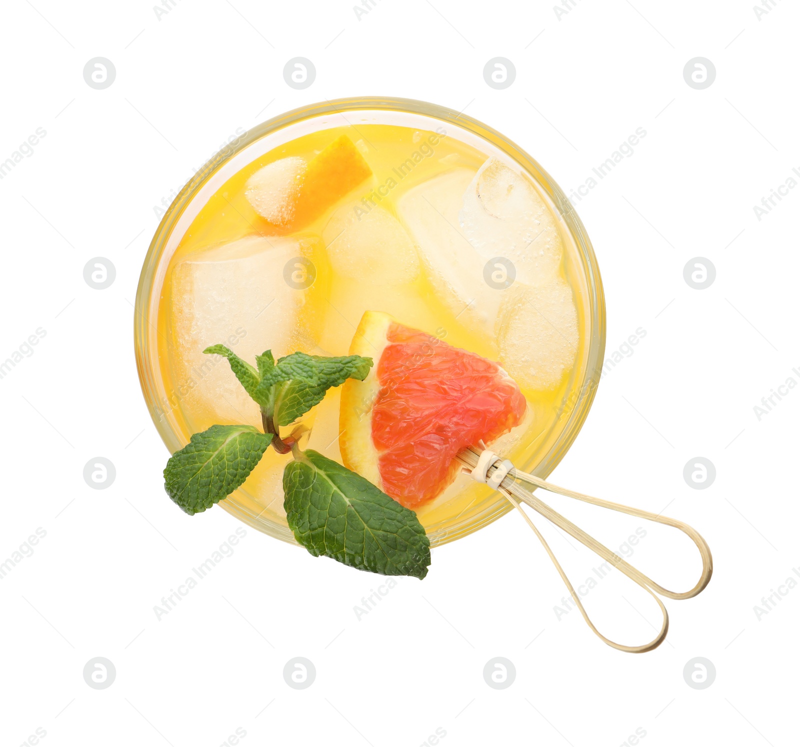 Photo of Delicious orange soda water on white background, top view