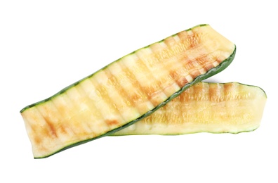 Photo of Delicious pieces of grilled zucchini on white background