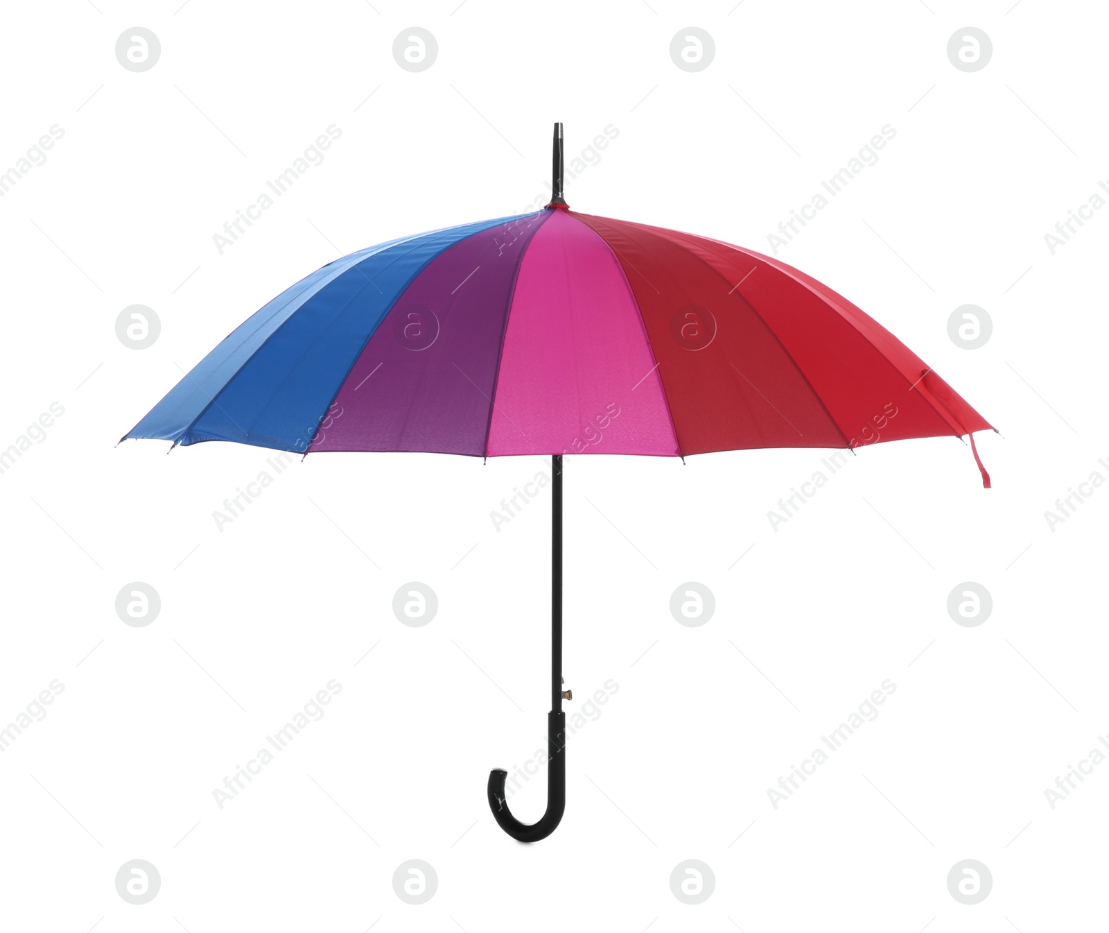 Photo of One open colorful umbrella isolated on white