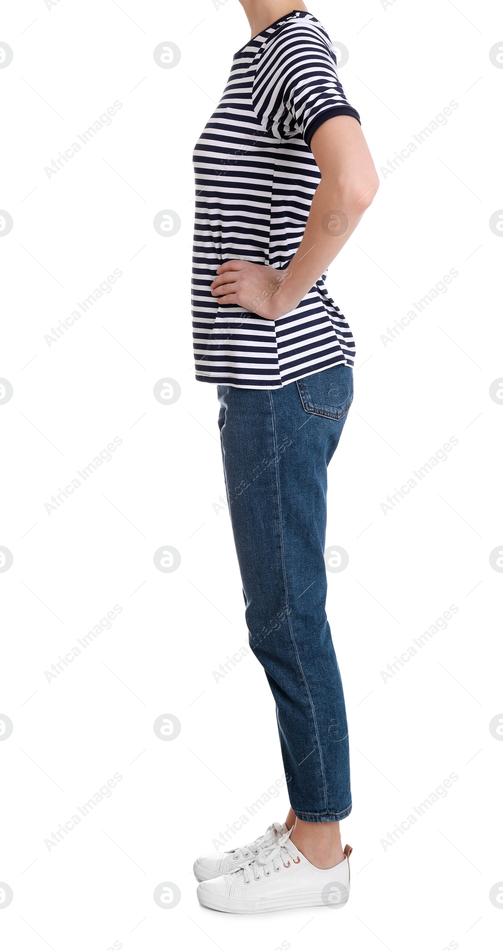 Photo of Young slim woman on white background, closeup. Weight loss