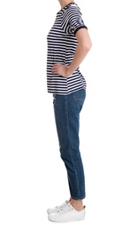 Young slim woman on white background, closeup. Weight loss