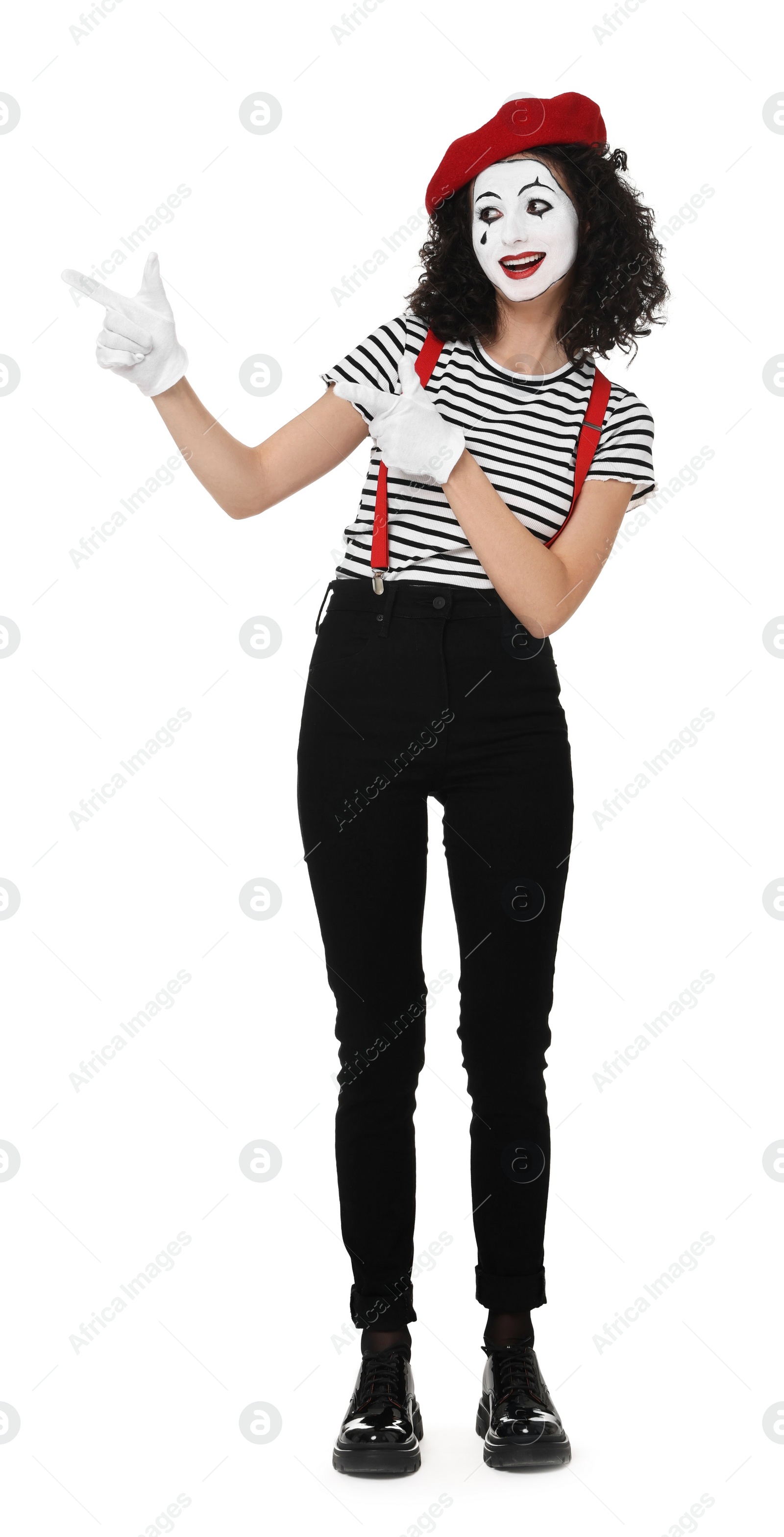 Photo of Funny mime with beret posing on white background