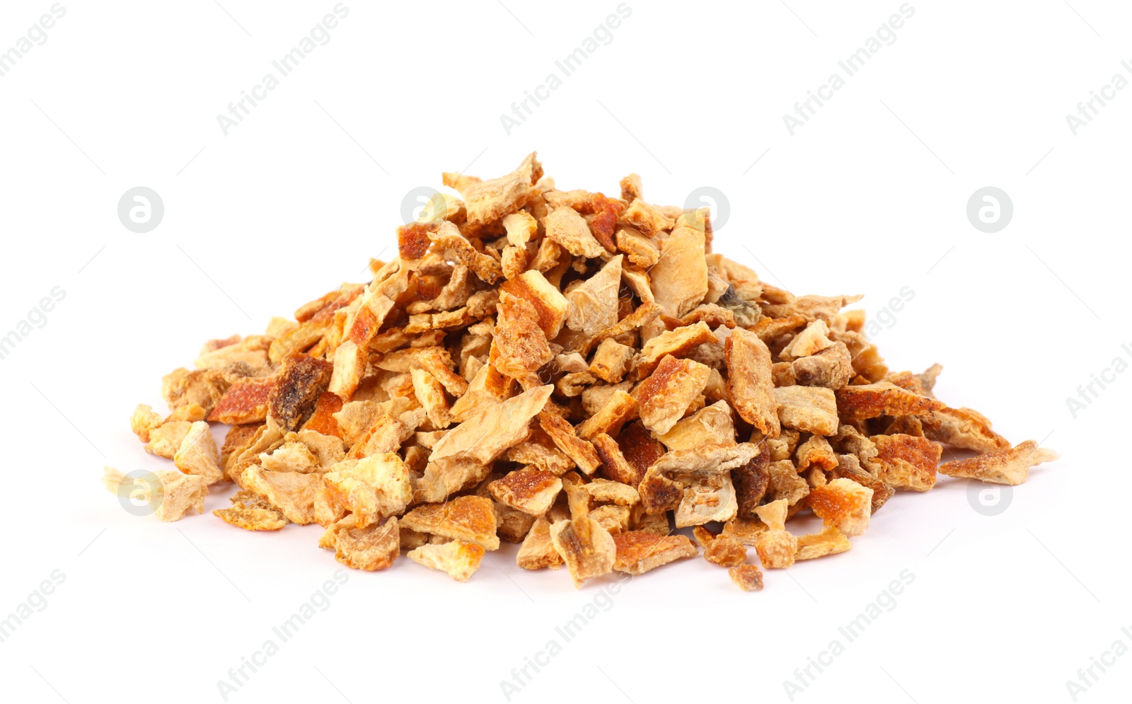 Photo of Pile of dried orange zest seasoning isolated on white