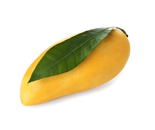 Photo of Fresh ripe mango with green leaf isolated on white