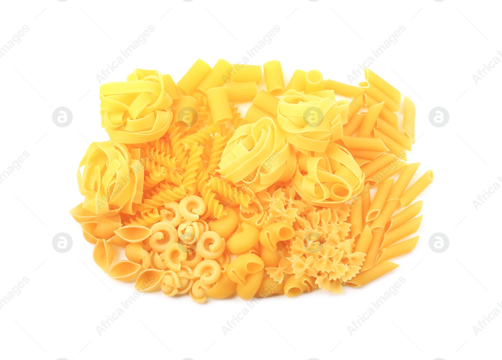 Photo of Different types of pasta isolated on white, top view