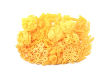 Photo of Different types of pasta isolated on white, top view
