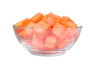 Photo of Delicious diced carrots in glass bowl isolated on white