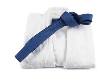 Photo of Martial arts uniform with blue belt isolated on white