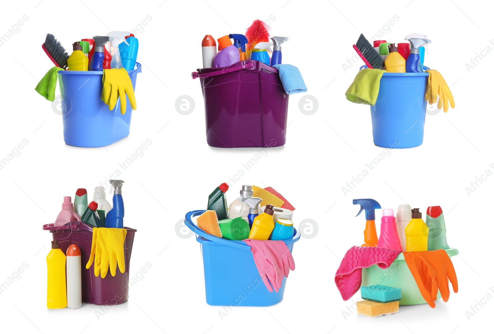 Image of Collage of buckets with cleaning supplies on white background