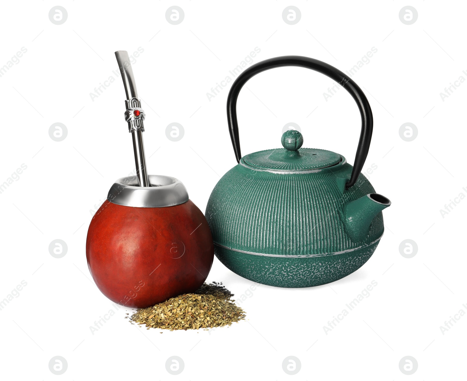 Photo of Calabash with mate tea, bombilla and teapot on white background