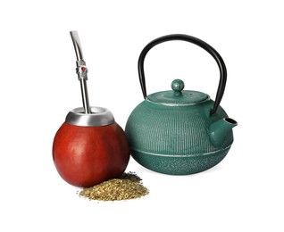 Photo of Calabash with mate tea, bombilla and teapot on white background