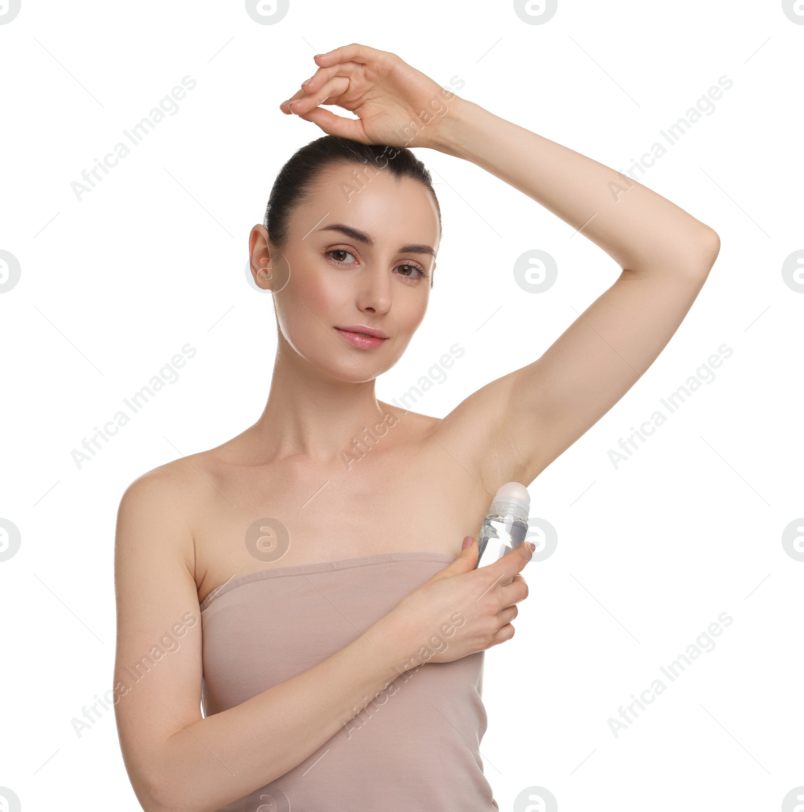 Photo of Beautiful woman applying deodorant on white background