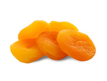 Photo of Pile of dried apricots on white background