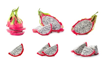 Image of Set with delicious pink dragon fruits (pitahaya) on white background