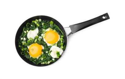 Photo of Pan with green shakshuka isolated on white