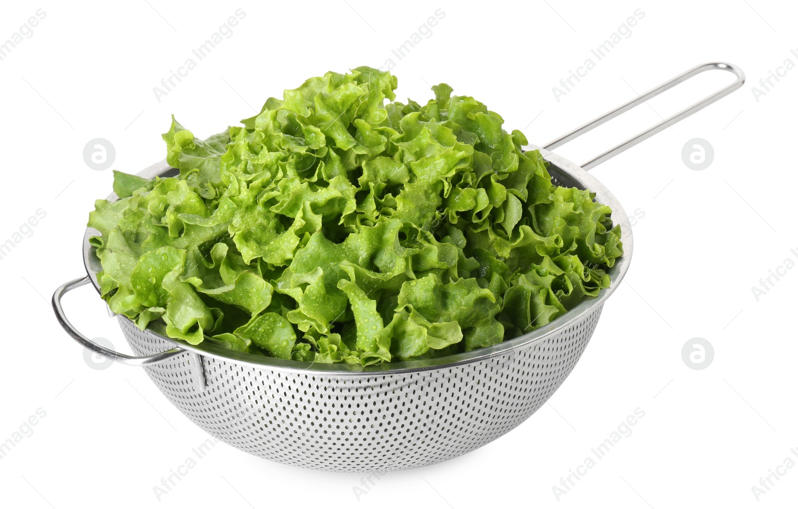 Photo of Metal colander with fresh lettuce isolated on white