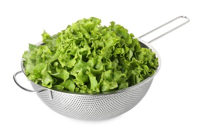 Photo of Metal colander with fresh lettuce isolated on white