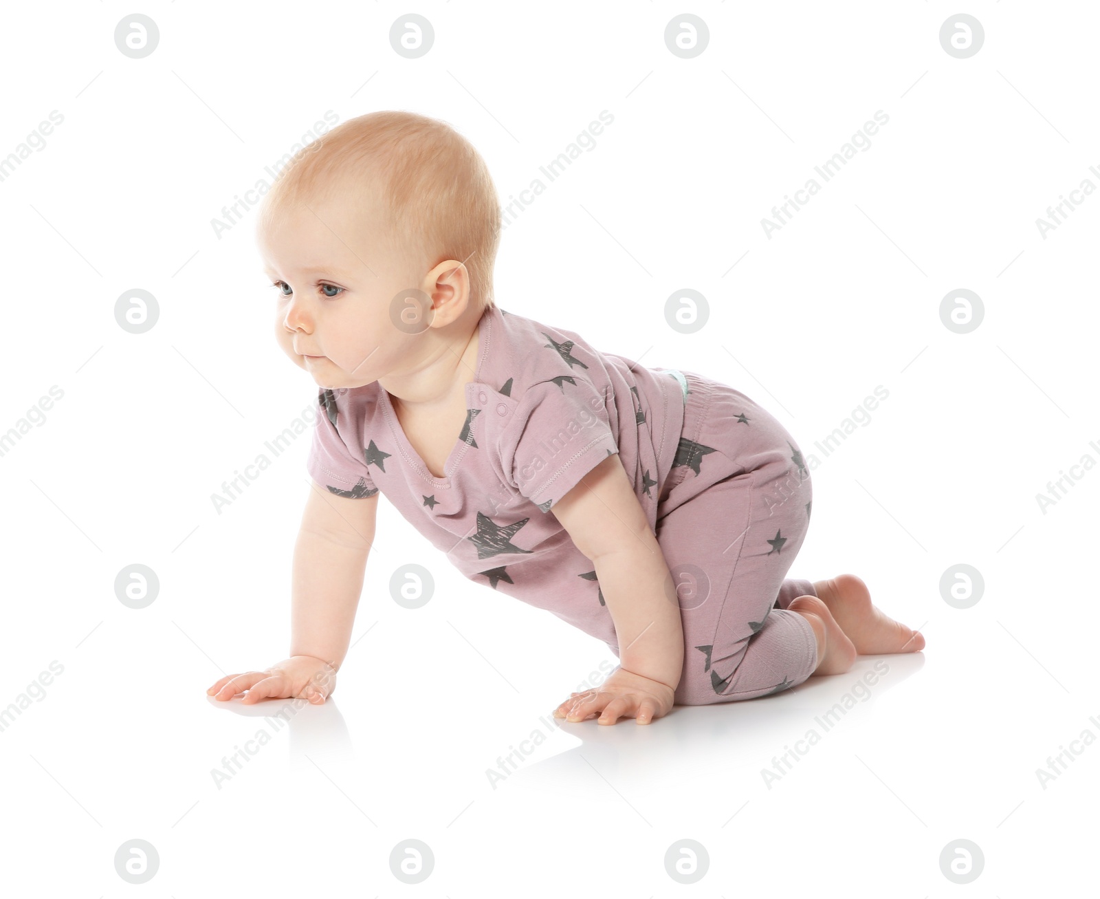 Photo of Cute little baby crawling on white background