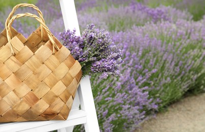 Wicker bag with beautiful lavender flowers on ladder in field, space for text