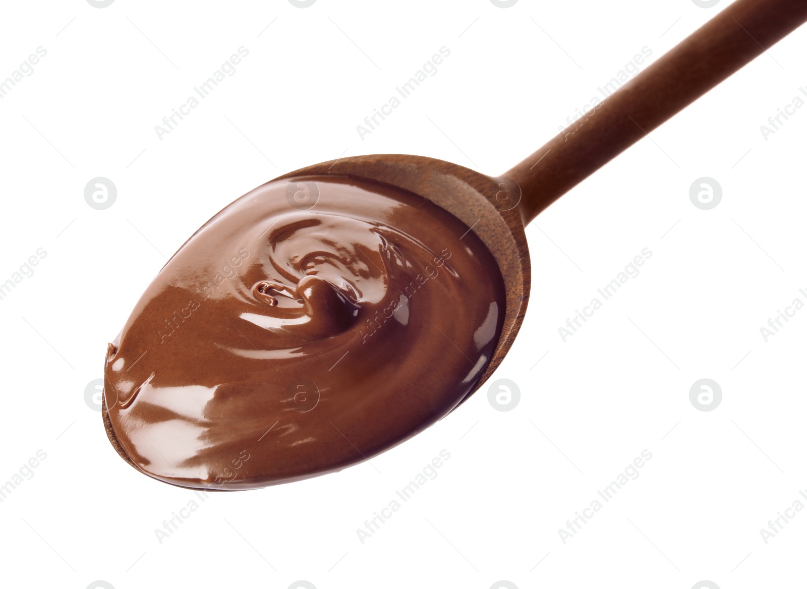 Photo of Wooden spoon with sweet chocolate cream on white background