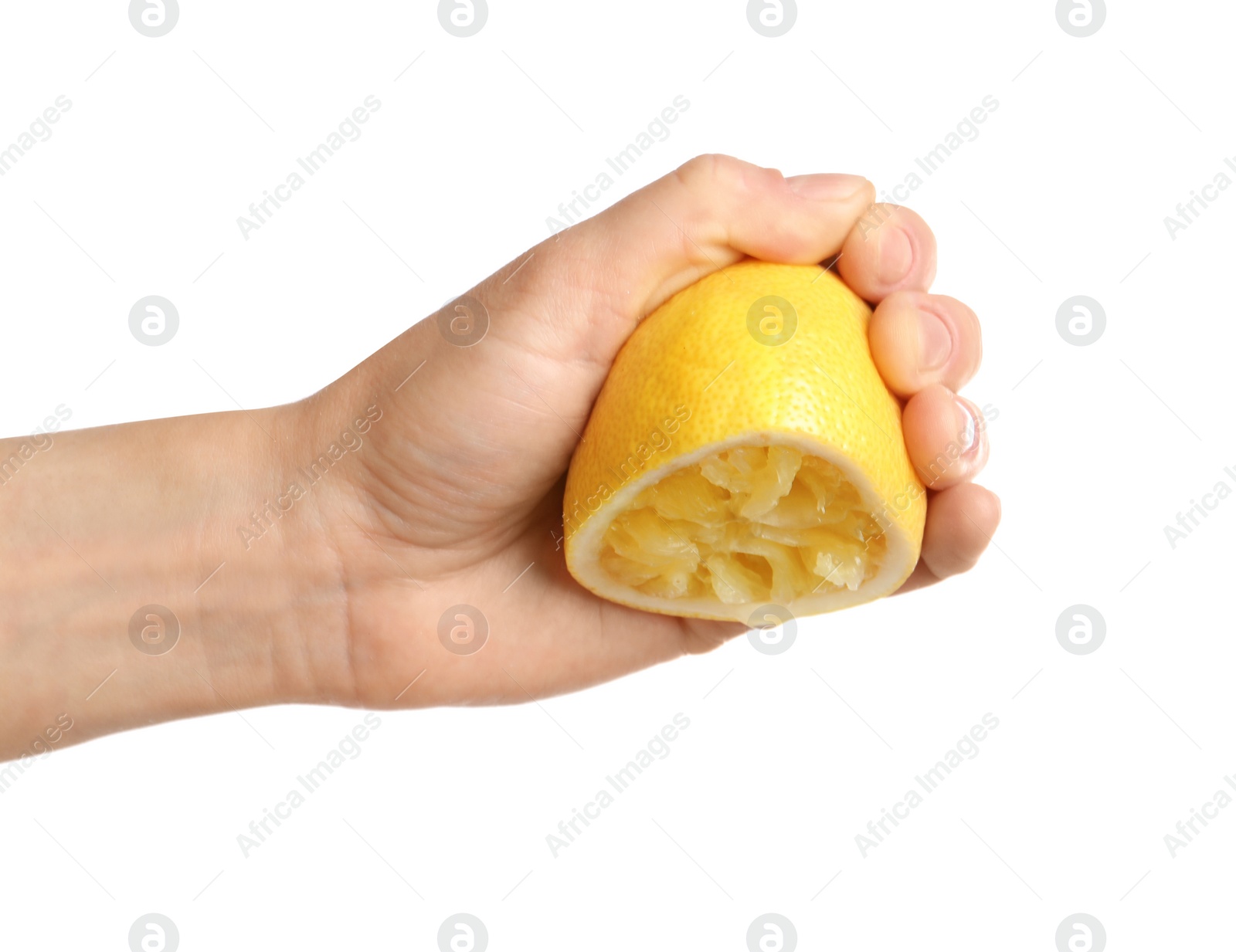 Photo of Woman squeezing lemon half on white background, closeup