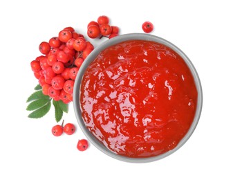 Photo of Delicious rowan jam in bowl and berries on white background, top view