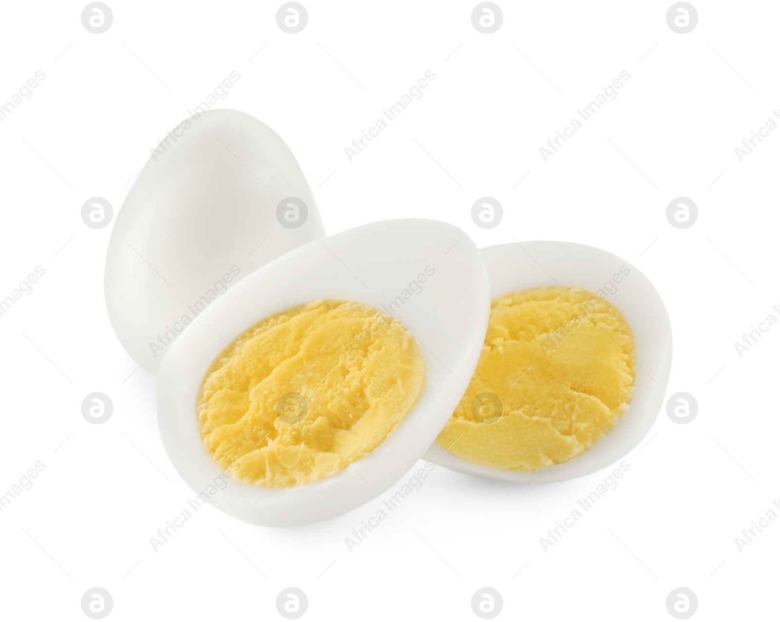 Photo of Peeled hard boiled quail eggs on white background